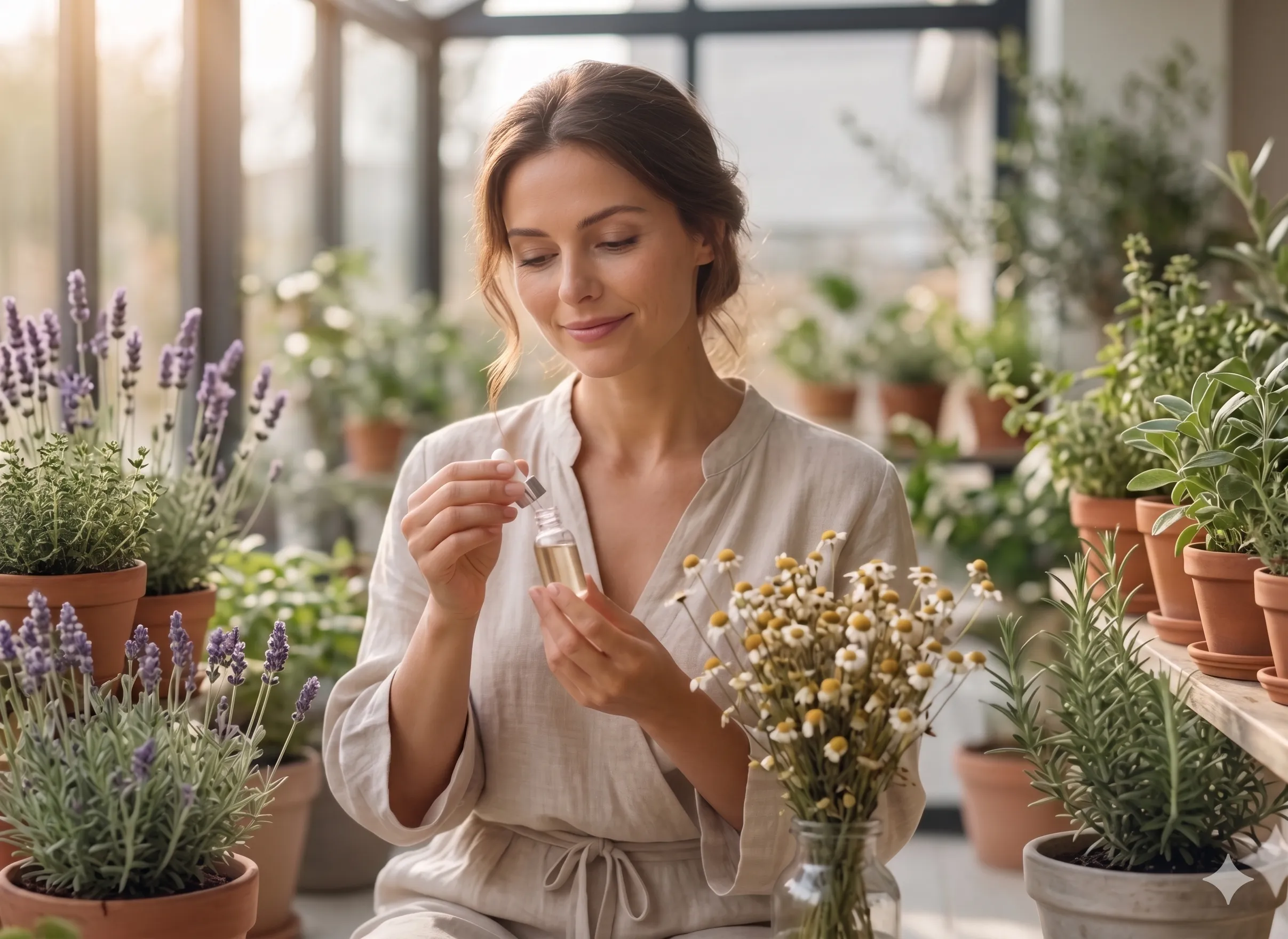 A woman using a natural homeopathic remedy with a dropper, representing safe and side-effect-free healing for women's health.